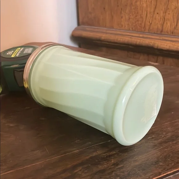 Vintage Jadeite Green Glass Canister Sugar Pourwith Silver Lid